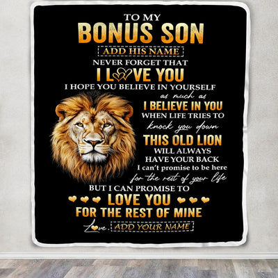 Personalized To My Bonus Son Gifts From Stepdad Blanket Old Lion Love You Stepson Birthday Gifts Graduation Christmas Customized Fleece Throw Blanket | siriusteestore