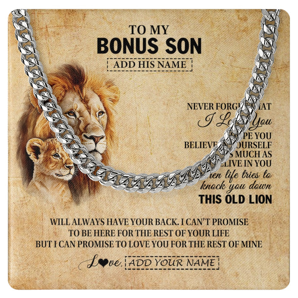Cuban Link Chain Necklace Stainless Steel | 1 | Personalized To My Bonus Son Gifts From Stepdad Lion Necklace I Love You Stepson Birthday Gifts Graduation Christmas Customized Gift Box Message Card | siriusteestore.myshopify