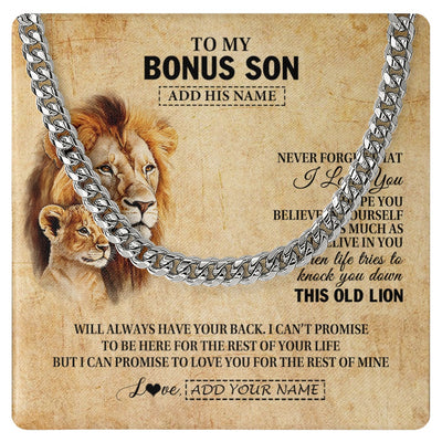 Cuban Link Chain Necklace Stainless Steel | 1 | Personalized To My Bonus Son Gifts From Stepdad Lion Necklace I Love You Stepson Birthday Gifts Graduation Christmas Customized Gift Box Message Card | siriusteestore.myshopify