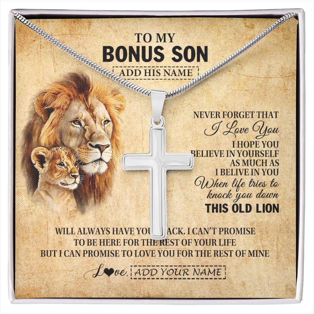 Stainless Cross Necklace Stainless Steel | 1 | Personalized To My Bonus Son Gifts From Stepdad Lion Necklace I Love You Stepson Birthday Gifts Graduation Christmas Customized Gift Box Message Card | siriusteestore.myshopify