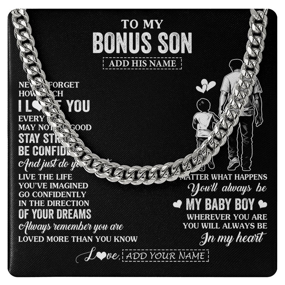 Cuban Link Chain Necklace Stainless Steel | 1 | Personalized To My Bonus Son Gifts From Stepdad Necklace Never Forget How Much I Love You Stepson Birthday Graduation Christmas Custom Gift Box Message Card | https://siriusteestore.