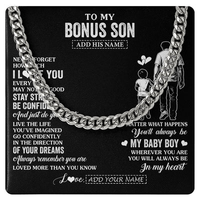 Cuban Link Chain Necklace Stainless Steel | 1 | Personalized To My Bonus Son Gifts From Stepdad Necklace Never Forget How Much I Love You Stepson Birthday Graduation Christmas Custom Gift Box Message Card | https://siriusteestore.