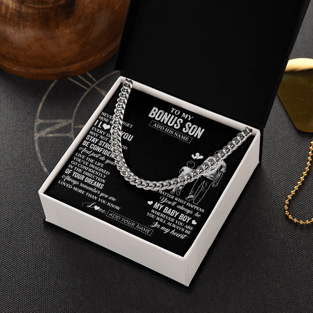 Cuban Link Chain Necklace Stainless Steel | 2 | Personalized To My Bonus Son Gifts From Stepdad Necklace Never Forget How Much I Love You Stepson Birthday Graduation Christmas Custom Gift Box Message Card | https://siriusteestore.