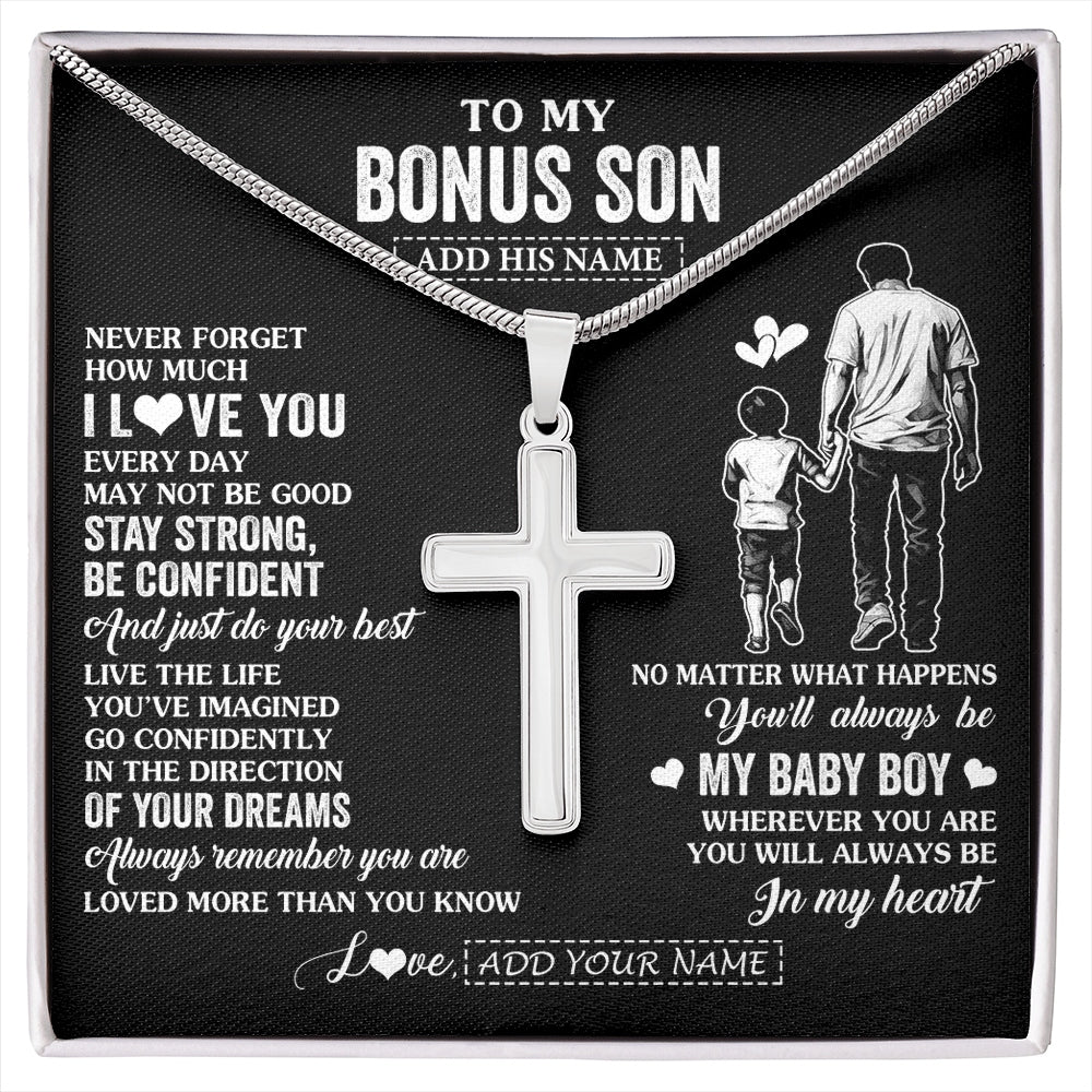 Stainless Cross Necklace Stainless Steel | 1 | Personalized To My Bonus Son Gifts From Stepdad Necklace Never Forget How Much I Love You Stepson Birthday Graduation Christmas Custom Gift Box Message Card | https://siriusteestore.