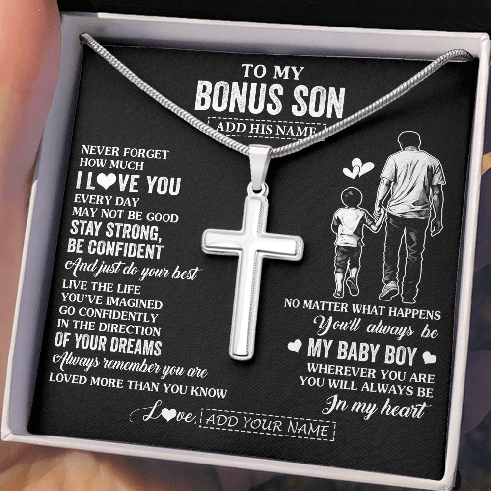 Stainless Cross Necklace Stainless Steel | 2 | Personalized To My Bonus Son Gifts From Stepdad Necklace Never Forget How Much I Love You Stepson Birthday Graduation Christmas Custom Gift Box Message Card | https://siriusteestore.