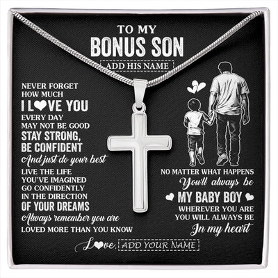Stainless Cross Necklace Stainless Steel | 1 | Personalized To My Bonus Son Gifts From Stepdad Necklace Never Forget How Much I Love You Stepson Birthday Graduation Christmas Custom Gift Box Message Card | https://siriusteestore.