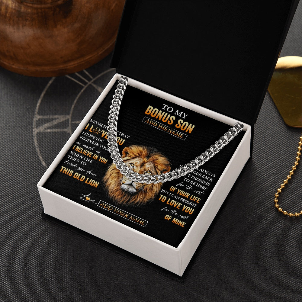 Cuban Link Chain Necklace Stainless Steel | 2 | Personalized To My Bonus Son Gifts From Stepdad Necklace Old Lion Love You Stepson Birthday Gifts Graduation Christmas Customized Gift Box Message Card | siriusteestore.myshopify