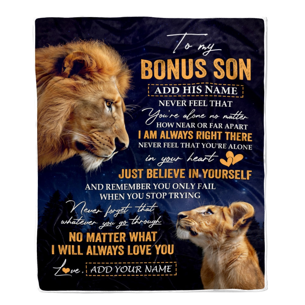 Personalized To My Bonus Son Gifts From Stepdad Step Dad Blanket Lion Never Feel Alone Birthday Gifts Stepson Graduation Valentines Christmas Fleece Blanket | siriusteestore