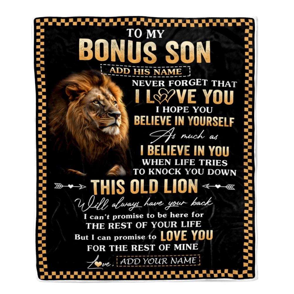 Personalized To My Bonus Son Gifts From Stepdad Stepmom Blanket Old Lion Love You Stepson Birthday Gifts Graduation Christmas Customized Fleece Throw Blanket | siriusteestore