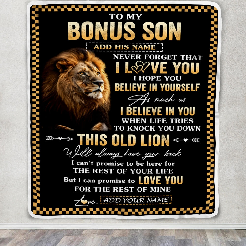 Personalized To My Bonus Son Gifts From Stepdad Stepmom Blanket Old Lion Love You Stepson Birthday Gifts Graduation Christmas Customized Fleece Throw Blanket | siriusteestore
