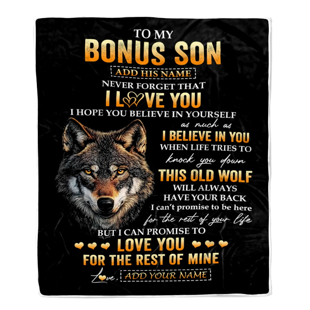 Personalized To My Bonus Son Gifts From Stepdad Stepmom Blanket Old Wolf Love You Stepson Birthday Gifts Graduation Christmas Customized Fleece Throw Blanket | siriusteestore