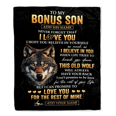 Personalized To My Bonus Son Gifts From Stepdad Stepmom Blanket Old Wolf Love You Stepson Birthday Gifts Graduation Christmas Customized Fleece Throw Blanket | siriusteestore