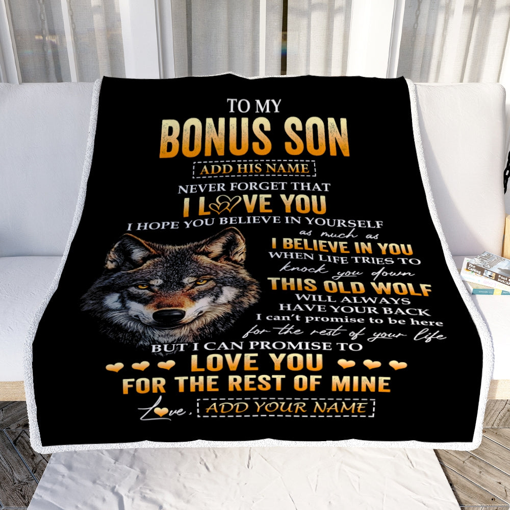 Personalized To My Bonus Son Gifts From Stepdad Stepmom Blanket Old Wolf Love You Stepson Birthday Gifts Graduation Christmas Customized Fleece Throw Blanket | siriusteestore