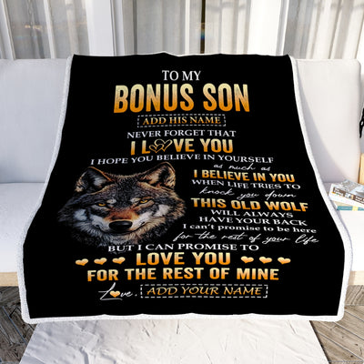 Personalized To My Bonus Son Gifts From Stepdad Stepmom Blanket Old Wolf Love You Stepson Birthday Gifts Graduation Christmas Customized Fleece Throw Blanket | siriusteestore