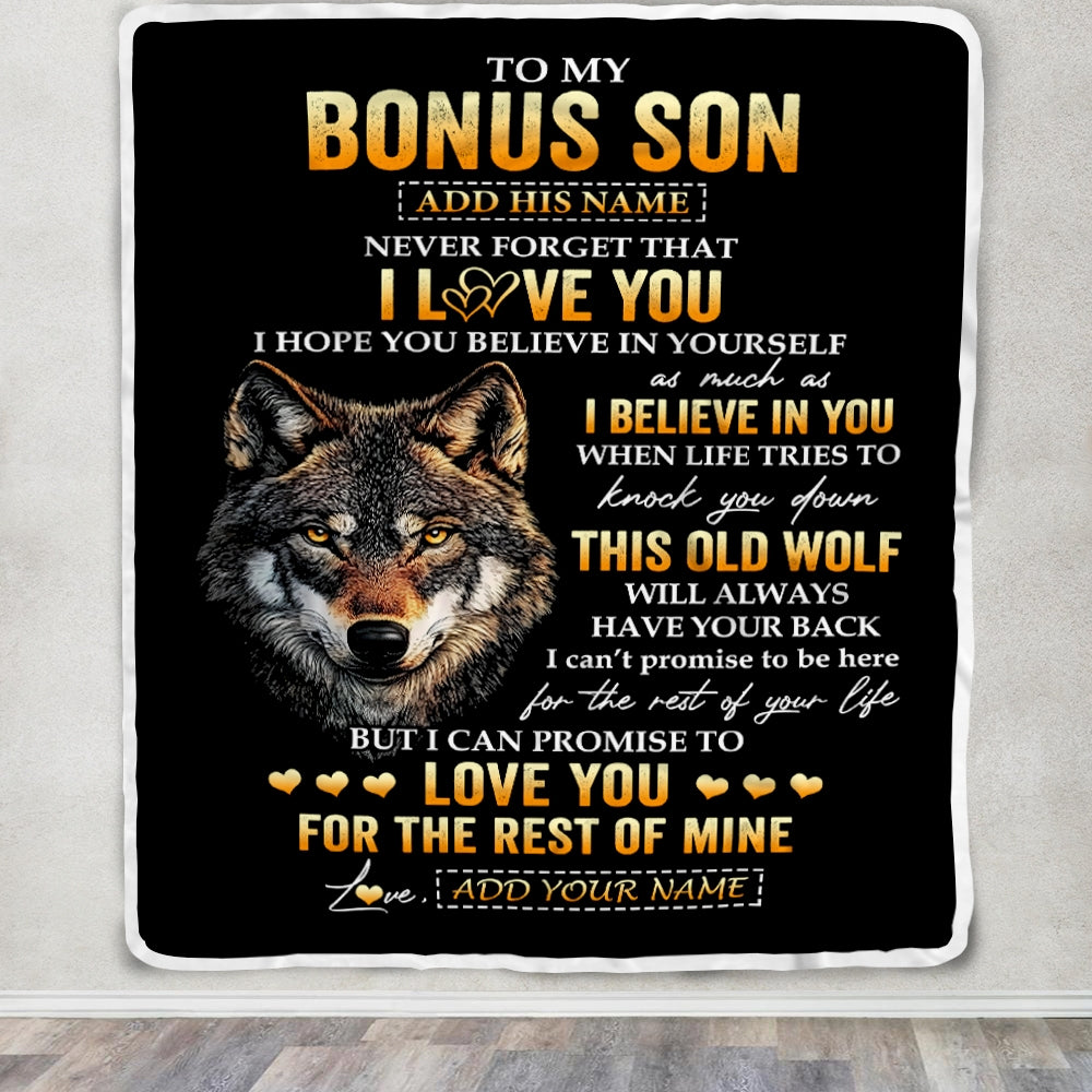 Personalized To My Bonus Son Gifts From Stepdad Stepmom Blanket Old Wolf Love You Stepson Birthday Gifts Graduation Christmas Customized Fleece Throw Blanket | siriusteestore