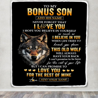 Personalized To My Bonus Son Gifts From Stepdad Stepmom Blanket Old Wolf Love You Stepson Birthday Gifts Graduation Christmas Customized Fleece Throw Blanket | siriusteestore