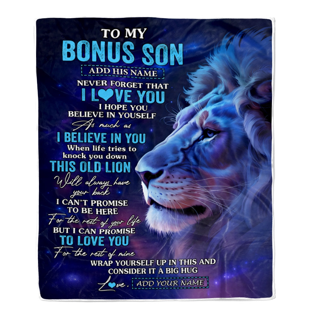 Personalized To My Bonus Son Gifts From Stepdad Stepmom Blanket This Old Lion Heart Gifts For Stepson Birthday Present Graduation Christmas Fleece Blanket | siriusteestore