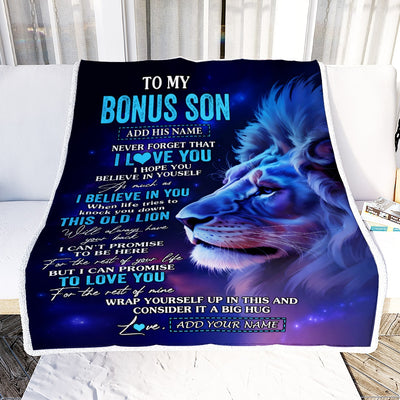 Personalized To My Bonus Son Gifts From Stepdad Stepmom Blanket This Old Lion Heart Gifts For Stepson Birthday Present Graduation Christmas Fleece Blanket | siriusteestore