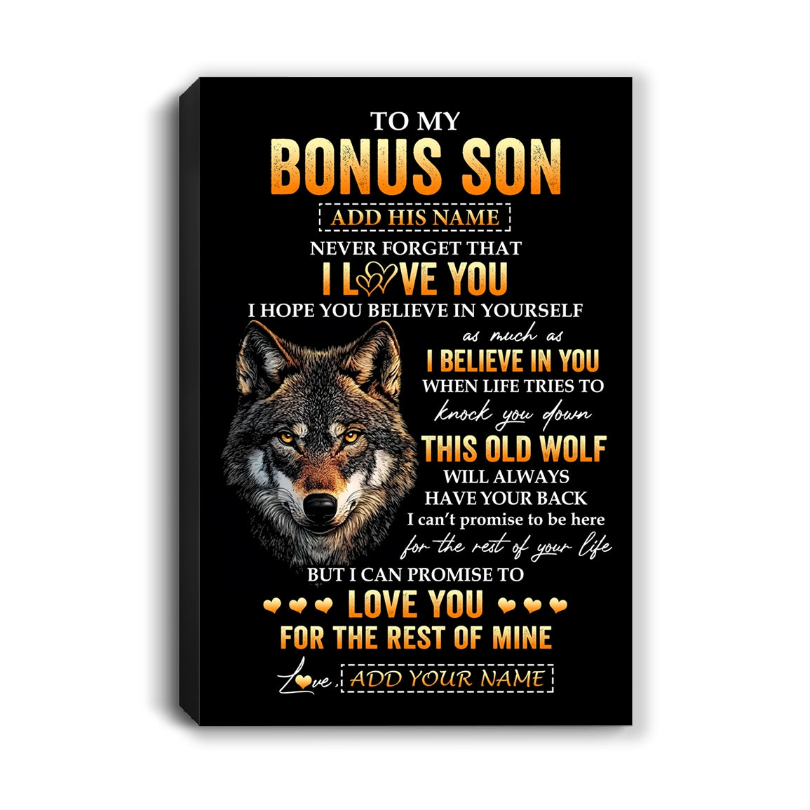 Personalized To My Bonus Son Gifts From Stepdad Stepmom Canvas Old Wolf Love You Stepson Birthday Gifts Graduation Christmas Custom Wall Art Print Framed Canvas | siriusteestore