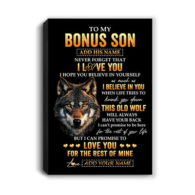 Personalized To My Bonus Son Gifts From Stepdad Stepmom Canvas Old Wolf Love You Stepson Birthday Gifts Graduation Christmas Custom Wall Art Print Framed Canvas | siriusteestore
