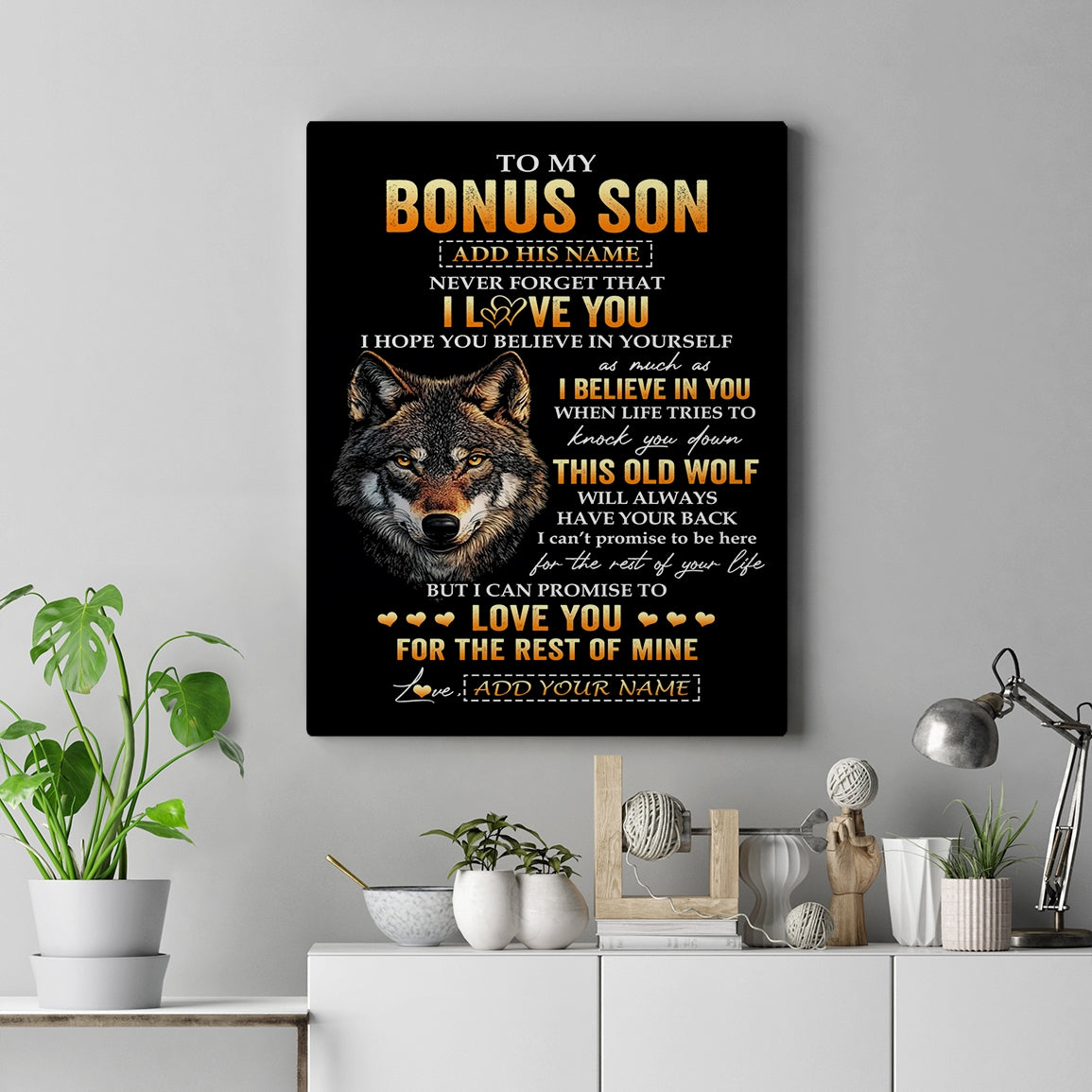 Personalized To My Bonus Son Gifts From Stepdad Stepmom Canvas Old Wolf Love You Stepson Birthday Gifts Graduation Christmas Custom Wall Art Print Framed Canvas | siriusteestore