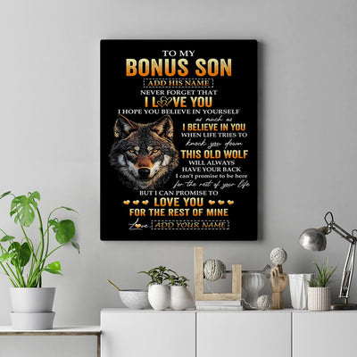 Personalized To My Bonus Son Gifts From Stepdad Stepmom Canvas Old Wolf Love You Stepson Birthday Gifts Graduation Christmas Custom Wall Art Print Framed Canvas | siriusteestore