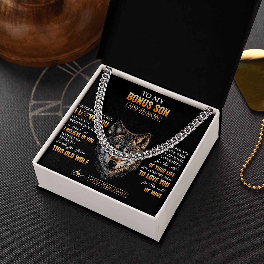 Cuban Link Chain Necklace Stainless Steel | 2 | Personalized To My Bonus Son Gifts From Stepdad Stepmom Necklace Old Wolf Love You Stepson Birthday Gifts Graduation Christmas Custom Gift Box Message Card | siriusteestore