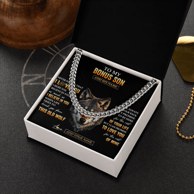 Cuban Link Chain Necklace Stainless Steel | 2 | Personalized To My Bonus Son Gifts From Stepdad Stepmom Necklace Old Wolf Love You Stepson Birthday Gifts Graduation Christmas Custom Gift Box Message Card | siriusteestore