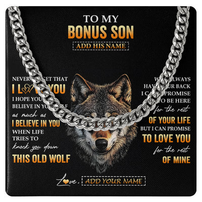Cuban Link Chain Necklace Stainless Steel | 1 | Personalized To My Bonus Son Gifts From Stepdad Stepmom Necklace Old Wolf Love You Stepson Birthday Gifts Graduation Christmas Custom Gift Box Message Card | siriusteestore