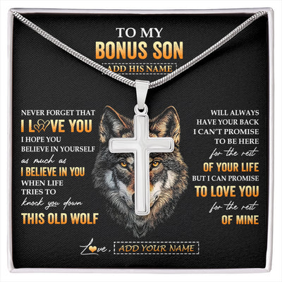 Stainless Cross Necklace Stainless Steel | 1 | Personalized To My Bonus Son Gifts From Stepdad Stepmom Necklace Old Wolf Love You Stepson Birthday Gifts Graduation Christmas Custom Gift Box Message Card | siriusteestore