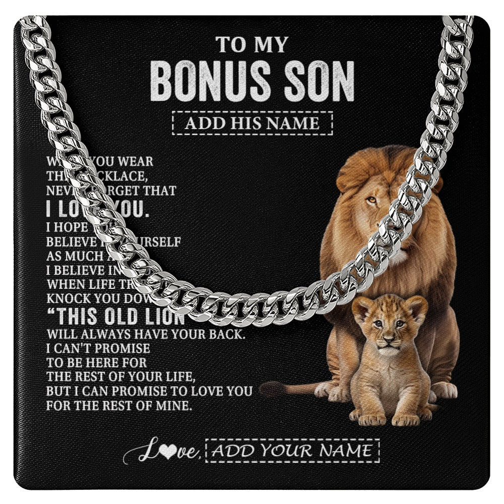 Cuban Link Chain Necklace Stainless Steel | 1 | Personalized To My Bonus Son Gifts From Stepfather Necklace This Old Lion Love You Stepson Birthday Gifts Graduation Christmas Customized Gift Box Message Card | https://siriusteestore.