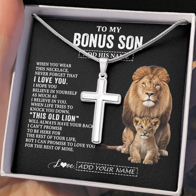 Stainless Cross Necklace Stainless Steel | 2 | Personalized To My Bonus Son Gifts From Stepfather Necklace This Old Lion Love You Stepson Birthday Gifts Graduation Christmas Customized Gift Box Message Card | https://siriusteestore.