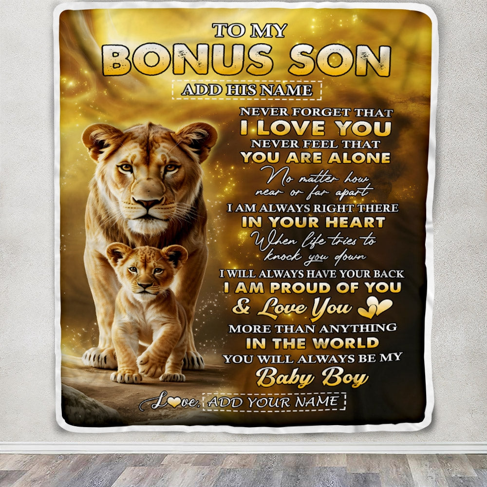 Personalized To My Bonus Son Gifts From Stepmom Blanket Never Forget That I Love You Lion StepSon Birthday Gifts Graduation Christmas Custom Fleece Blanket | siriusteestore
