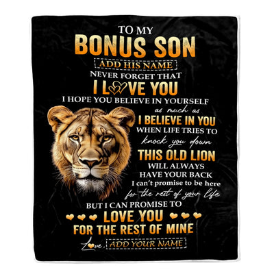 Personalized To My Bonus Son Gifts From Stepmom Blanket Old Lion Love You Stepson Birthday Gifts Graduation Christmas Customized Fleece Throw Blanket | siriusteestore