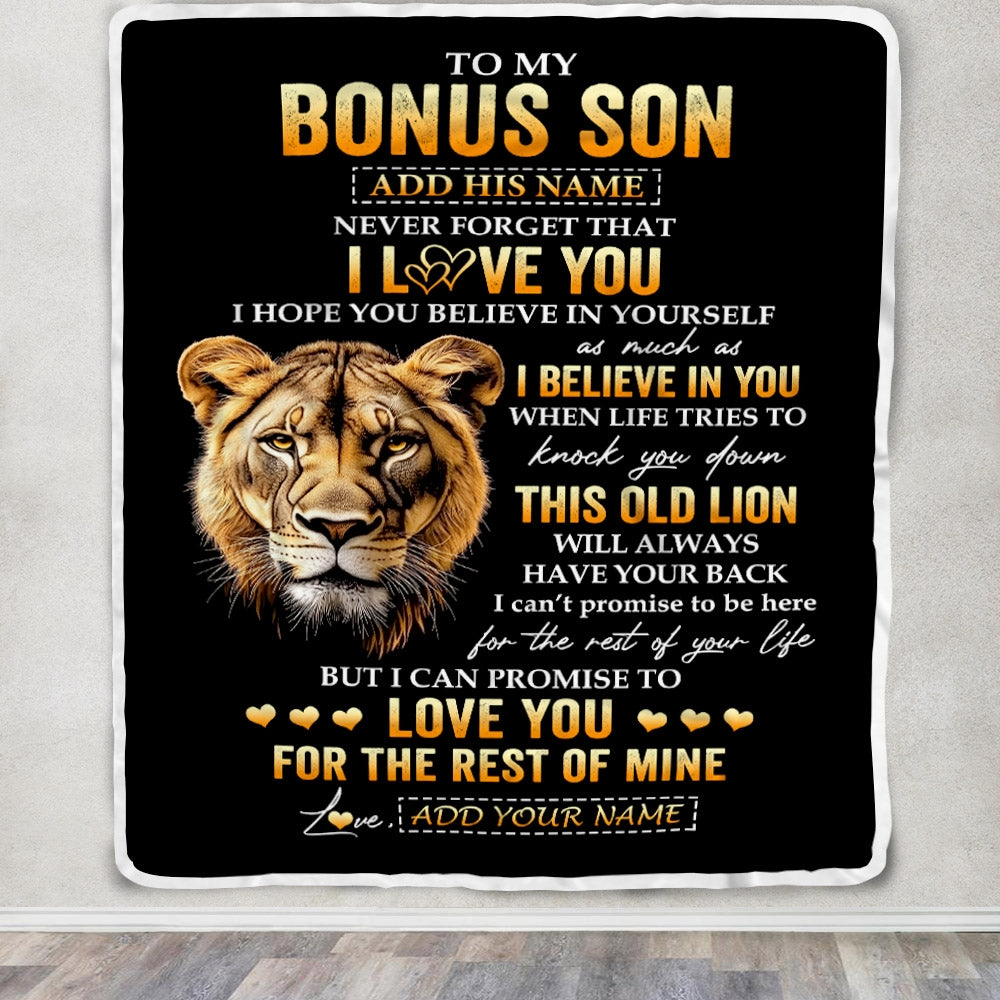 Personalized To My Bonus Son Gifts From Stepmom Blanket Old Lion Love You Stepson Birthday Gifts Graduation Christmas Customized Fleece Throw Blanket | siriusteestore