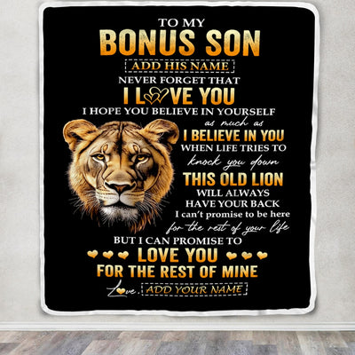 Personalized To My Bonus Son Gifts From Stepmom Blanket Old Lion Love You Stepson Birthday Gifts Graduation Christmas Customized Fleece Throw Blanket | siriusteestore