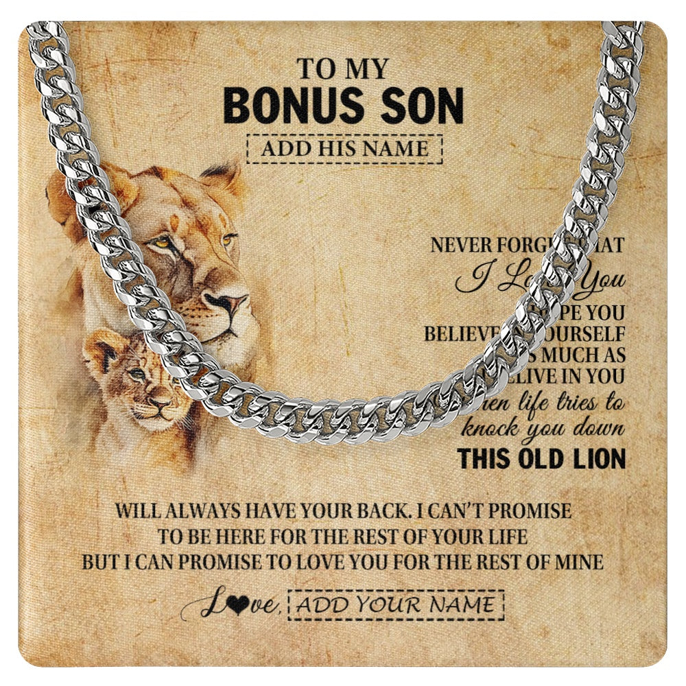 Cuban Link Chain Necklace Stainless Steel | 1 | Personalized To My Bonus Son Gifts From Stepmom Lion Necklace I Love You Stepson Birthday Gifts Graduation Christmas Customized Gift Box Message Card | siriusteestore.myshopify