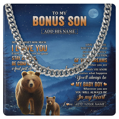 Cuban Link Chain Necklace Stainless Steel | 1 | Personalized To My Bonus Son Gifts From Stepmom Necklace Bear Never Forget How Much I Love You Stepson Birthday Graduation Christmas Gift Box Message Card | siriusteestore.myshopify