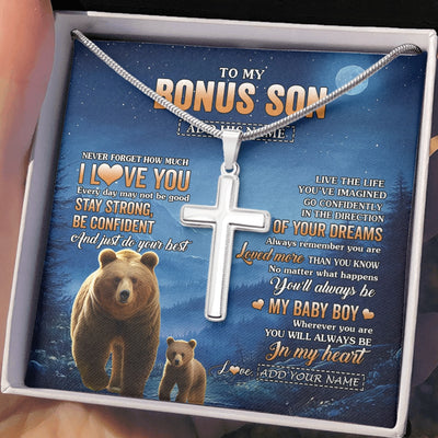 Stainless Cross Necklace Stainless Steel | 2 | Personalized To My Bonus Son Gifts From Stepmom Necklace Bear Never Forget How Much I Love You Stepson Birthday Graduation Christmas Gift Box Message Card | siriusteestore.myshopify