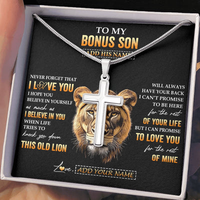 Stainless Cross Necklace Stainless Steel | 2 | Personalized To My Bonus Son Gifts From Stepmom Necklace Old Lion Love You Stepson Birthday Gifts Graduation Christmas Customized Gift Box Message Card | siriusteestore.myshopify