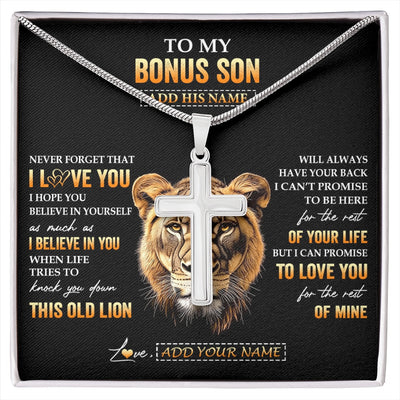 Stainless Cross Necklace Stainless Steel | 1 | Personalized To My Bonus Son Gifts From Stepmom Necklace Old Lion Love You Stepson Birthday Gifts Graduation Christmas Customized Gift Box Message Card | siriusteestore.myshopify