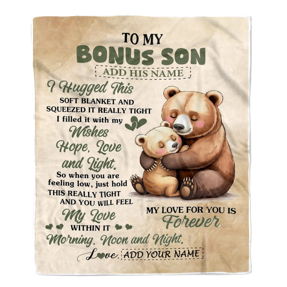 Personalized To My Bonus Son Gifts From Stepmom Stepdad Blanket Bear Letter I Hugged This Gifts For Stepson Birthday Graduation Christmas Fleece Blanket | siriusteestore