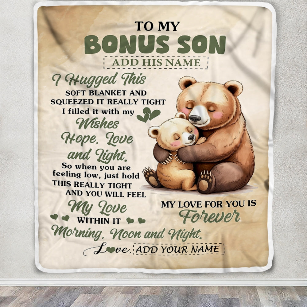 Personalized To My Bonus Son Gifts From Stepmom Stepdad Blanket Bear Letter I Hugged This Gifts For Stepson Birthday Graduation Christmas Fleece Blanket | siriusteestore