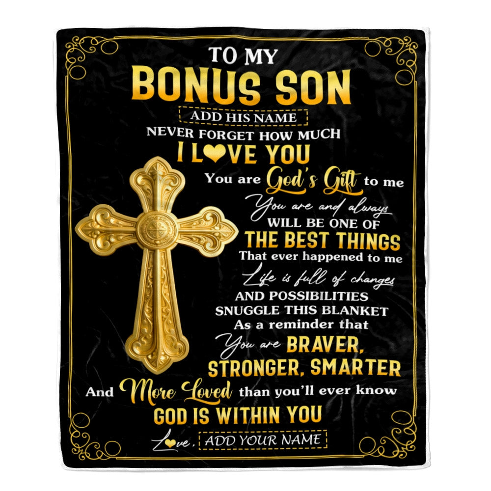 Personalized To My Bonus Son Gifts From Stepmom Stepdad Blanket Christian God Is With You Gifts For Stepson Birthday Present Christmas Custom Fleece Blanket | siriusteestore