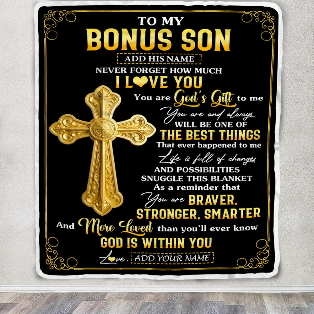 Personalized To My Bonus Son Gifts From Stepmom Stepdad Blanket Christian God Is With You Gifts For Stepson Birthday Present Christmas Custom Fleece Blanket | siriusteestore