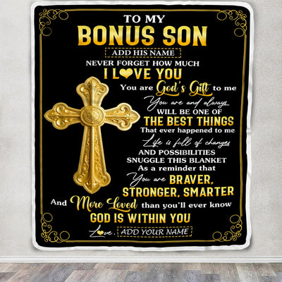 Personalized To My Bonus Son Gifts From Stepmom Stepdad Blanket Christian God Is With You Gifts For Stepson Birthday Present Christmas Custom Fleece Blanket | siriusteestore