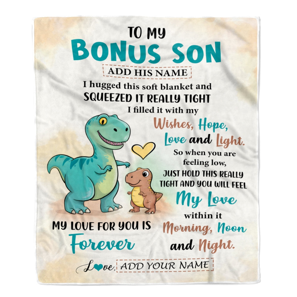 Personalized To My Bonus Son Gifts From Stepmom Stepdad Blanket Dinosaur Letter I Hugged This Gifts For Stepson Birthday Graduation Christmas Fleece Blanket | siriusteestore