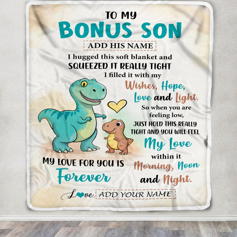 Personalized To My Bonus Son Gifts From Stepmom Stepdad Blanket Dinosaur Letter I Hugged This Gifts For Stepson Birthday Graduation Christmas Fleece Blanket | siriusteestore