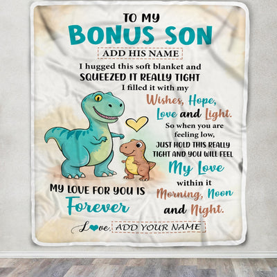 Personalized To My Bonus Son Gifts From Stepmom Stepdad Blanket Dinosaur Letter I Hugged This Gifts For Stepson Birthday Graduation Christmas Fleece Blanket | siriusteestore