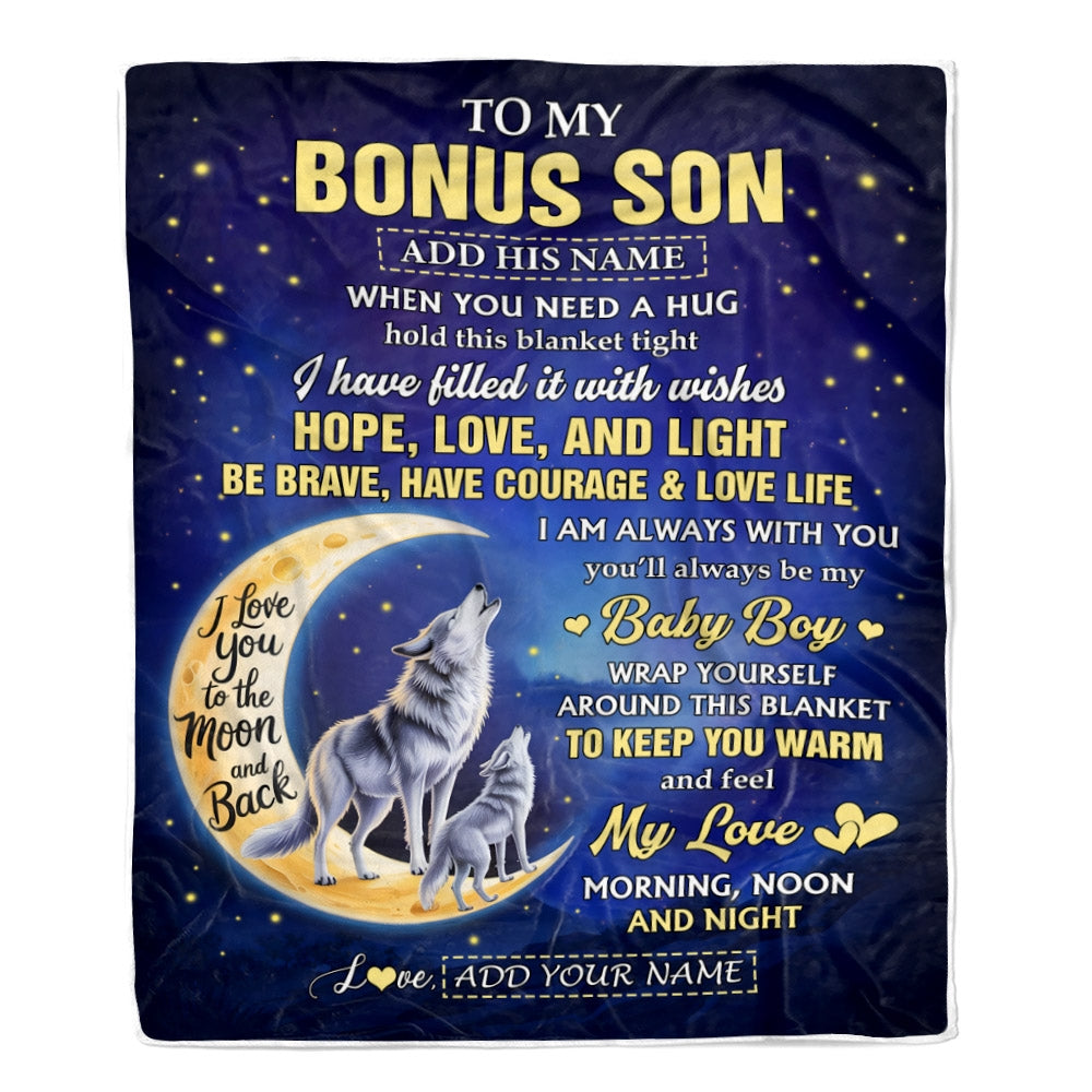 Personalized To My Bonus Son Gifts From Stepmom Stepdad Blanket I Love You Moon And Back Wolf Stepson Birthday Gifts Christmas Graduation Fleece Blanket | siriusteestore